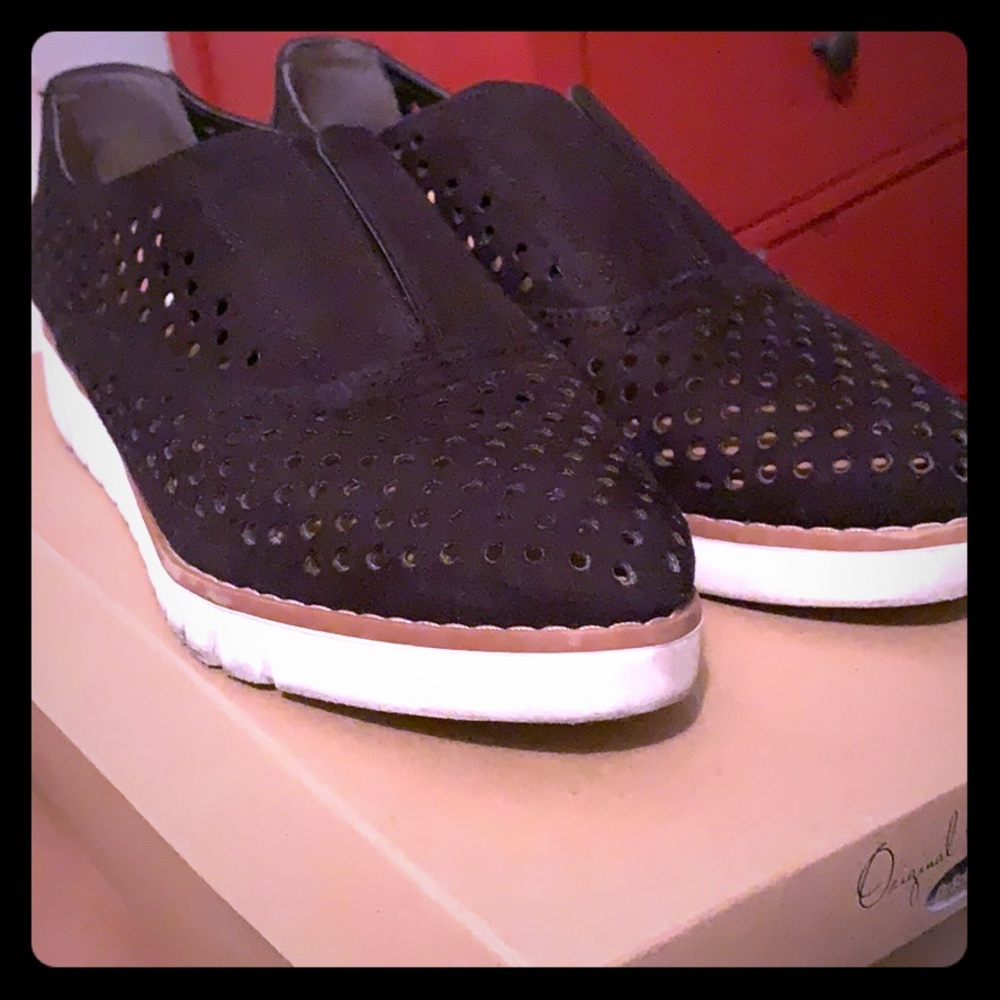 Perforated black suede loafers
